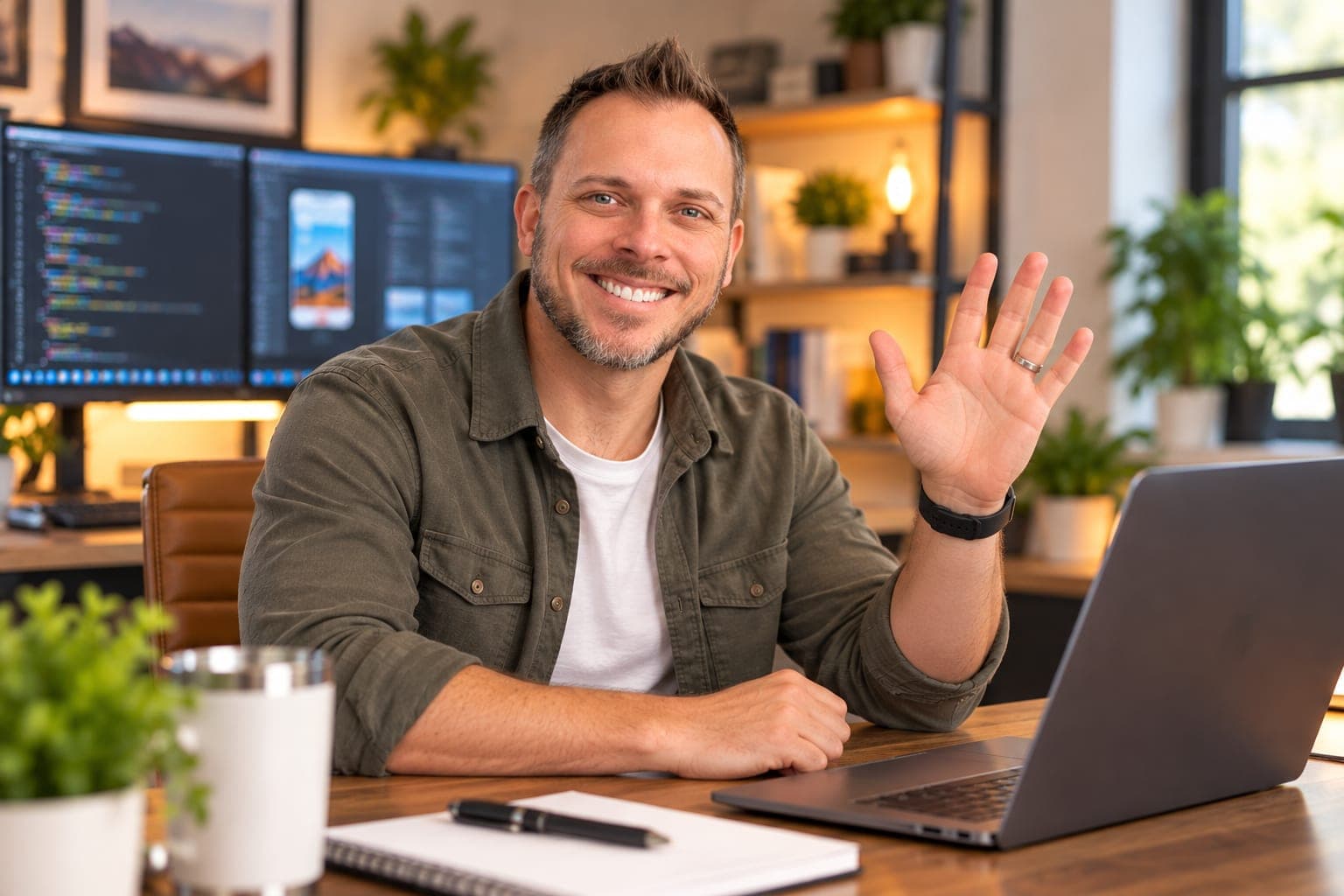 Nicholas Powell waving hello from his desk